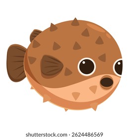 Brown puffer fish swimming underwater, displaying its unique inflated body and spiky texture