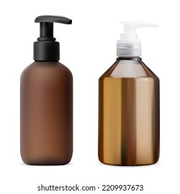 Brown pump bottle for beauty cosmetic. Shampoo container with dispenser, isolated mockup. Brown plastic pump dispenser package for liquid soap or hand gel, hair care hygiene set