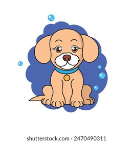 Brown puppy in cartoon style with foam and bubbles on the background. vector illustration.