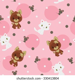 Brown puppy, gray little mouse and white kitten seamless pattern. Childish vector cartoon illustration