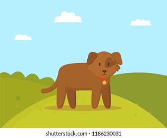 Brown puppy on walk colorful vector illustration, pretty pet with spot on eye, sunny day and white clouds in sky, set of round hill with green grass