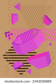 Brown and purple geometrical graphic retro background. Vintage minimal geometric elements, shapes theme cover, poster banner template.