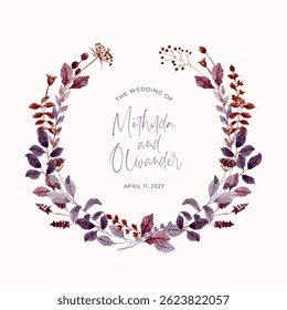 brown purple wildflower and leaves watercolor wreath