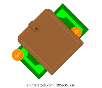brown purse with the paper cash and coins