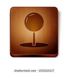 Brown Push pin icon isolated on white background. Thumbtacks sign. Wooden square button. Vector Illustration
