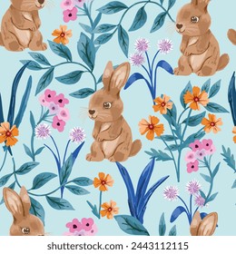 Brown rabbit bunny be happy in the flower garden seamless pattern