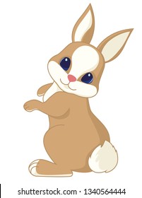 Brown Rabbit. Cartoon Lapin.  The Cute Hare Looks At Us. Vector Coney.  The Bunny With Brown Back, White Tail And White Breast. Vector, Isolated.