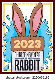 Brown rabbit ears and furry sign with paper sheet over water splash, celebrating 2023 Chinese New Year of this animal and element.