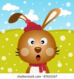 Brown rabbit with snow in the forest