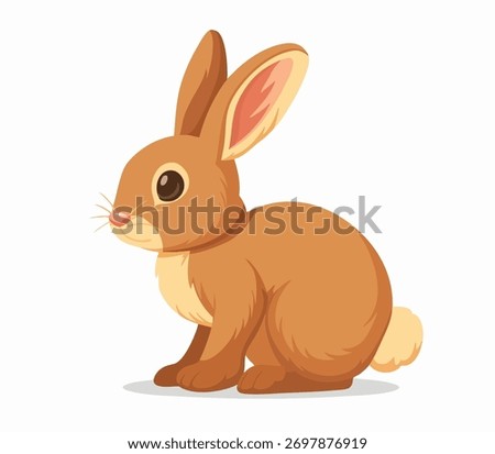 Brown rabbit vector icon sits quietly, with large ears and soft fur, bright eyes and a small nose. Cartoon hare in playful pose isolated on white background