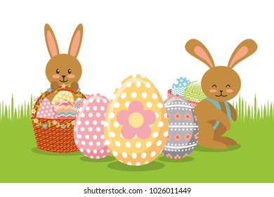 brown rabbits with baskets and eggs decoration on meadow