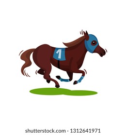 Brown racing horse in blue mask. Solid-hoofed mammal animal. Sport theme. Flat vector design