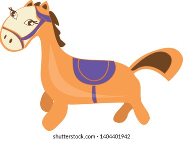 A brown racing horse with violet cover on top, vector, color drawing or illustration. 