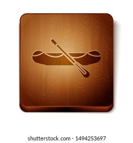 Brown Rafting boat icon isolated on white background. Inflatable boat with paddles. Water sports, extreme sports, holiday, vacation. Wooden square button. Vector Illustration