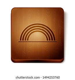 Brown Rainbow with clouds icon isolated on white background. Wooden square button. Vector Illustration