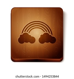 Brown Rainbow with clouds icon isolated on white background. Wooden square button. Vector Illustration