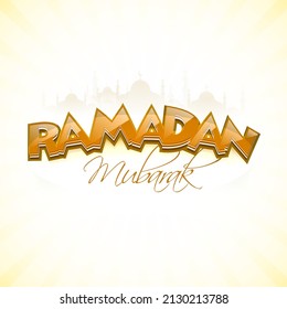 Brown Ramadan Mubarak Font On Silhouette Mosque Light Yellow Background.