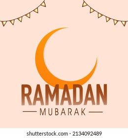 Brown Ramadan Mubarak Font With Orange Crescent Moon And Bunting Flags On Pale Peach Background.