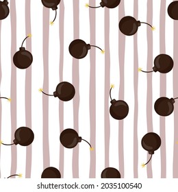 Siluetas de bombas aleatorias marrones sin costuras. Fondo rayado morado y blanco. Impresión de historietas. Perfecto para el diseño de tela, impresión textil, envoltura, cubierta. Ilustración vectorial.
