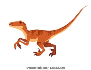 Brown raptor. Cute dinosaur, cartoon design. Flat vector illustration isolated on white background. Animal of jurassic world. Small carnivore dinosaur.