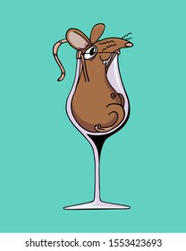 Brown rat or mouse sitting in a champaign glass and looking out of it. Vector Illustration isolated on flat blue background for kids book or for chinese new year of the rat. For children