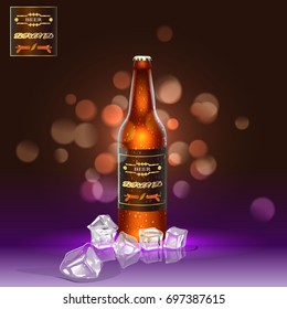 Brown realistic beer bottle with ice in the background.