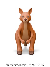 Brown realistic kangaroo, front view. Wild marsupial animal on white background