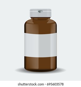 Brown realistic medical container or pills box mockup. Vector illustration isolated on white background.