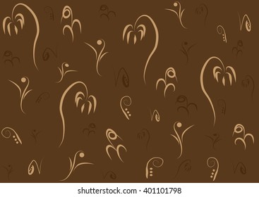 Brown rectangular background with abstract flowers brush. Three colors.