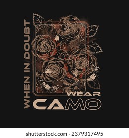 Brown rectangular camouflage label with roses, splattered paint, paint brush strokes, leaves, halftone shapes, text Wear Camo. Grunge texture. For sport goods, textile design. Not AI
