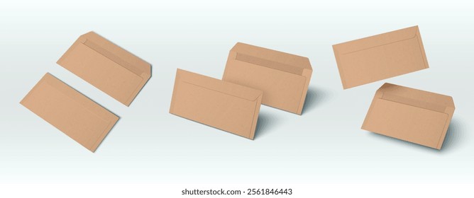 Envelopes castanhos retangulares fechados e abertos deitados e voando sobre fundo branco. Correspondência real vazia de carta de negócios dl formato padrão maquete frente e atrás visualizações para correio corporativo.