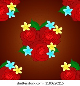 Brown, red and blue roses with green leaves. Trendy vector seamless Floral Pattern.
