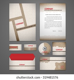 Brown and red colored identity solutions for corporate or business with circles texture which includes CD cover, business card, letter head designs. All in EPS10