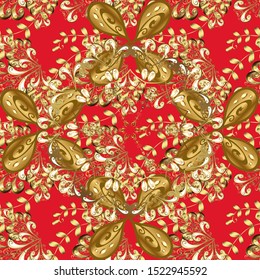 Brown and red colors with golden elements. Vector golden floral ornament brocade textile and glass pattern. Seamless golden pattern. Gold metal with floral pattern.