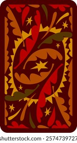 Brown and red floral decorative backside pattern background of Tarot playing cards. Vector illustration in flat style