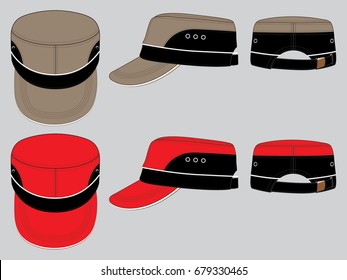 Brown And Red Military Cadet Cap Design Vector.Strap Back With Buckle.