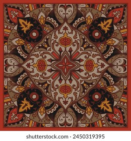 Bufanda de cuello marrón y rojo con Elementos estilizados. Diseño de Vector para un pañuelo, alfombra, pañuelo, pañuelo, alfombra. Patrón floral tradicional.