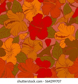 Brown, red and orange hibiscus seamless pattern. Vector seamless pattern with tropical flowers in watercolor style. Vector illustration.