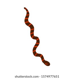 Brown and red striped snake drawing isolated in white background - flat cartoon reptile animal with red eye seen from top view. Simple vector illustration.