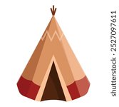 Brown and red tipi tent standing on a sunny day, traditional house of nomadic people