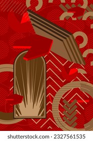 Brown and red vintage geometric theme poster banner. Retro abstract shapes template for cover design. Colored geometrical graphic minimal background.