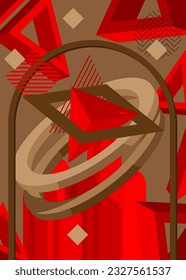 Cartel de afiche de temática geométrica marrón y roja. Plantilla de formas abstractas retro para el diseño de portada. Color de fondo mínimo de la gráfica geométrica.
