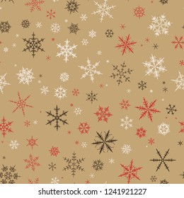 Brown red white snow flake tracery seamless pattern on gold. Abstract geometric texture background vector illustration. Winter xmas new year ornament for prints, package, wrapping paper, greeting card