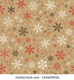 Brown red white snow flake tracery seamless pattern on gold. Abstract geometric texture background vector illustration. Winter xmas new year ornament for prints, package, wrapping paper, greeting card