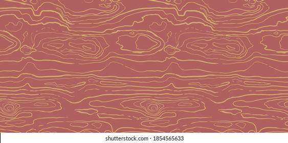 Brown red wooden surface with golden fibre and grain. Natural wood texture, seamless background. Vector grunge line background