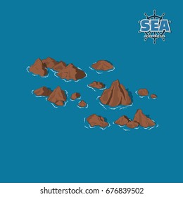 Brown reefs on a blue background. Underwater rocks in isometric style. 3d illustration. Pirate game. Vector illustration