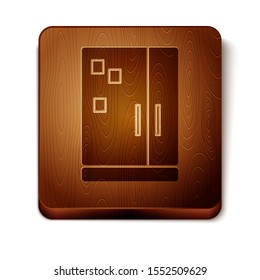 Brown Refrigerator icon isolated on white background. Fridge freezer refrigerator. Household tech and appliances. Wooden square button. Vector Illustration