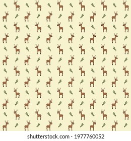 Brown Rein deer with horns and green leaves repeat pattern design