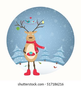 Brown reindeer animal cartoon character. Decorated antlers. Colourful birds. Red scarf, gloves, shoes. Hot beverage cup. Winter trees snowflakes snowfall landscape background. Round cutout shape.