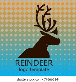 Brown reindeer logo design on blue orange background with halftone effect and text in retro style. Can be used as a brand identity sign or poster and T-shirt design.